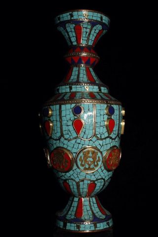 Chinese Antique Tibetan Style Old Copper Inlaid Turquoise Good Luck Vase
