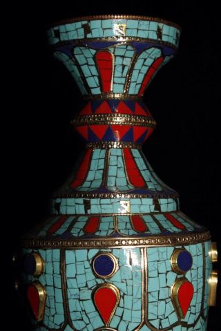 Chinese Antique Tibetan style old copper inlaid turquoise good luck vase 3
