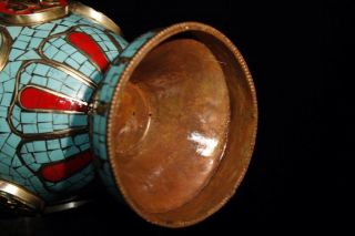 Chinese Antique Tibetan style old copper inlaid turquoise good luck vase 6