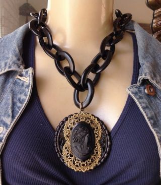 Antique Mourning Necklace Huge Victorian Revival Black Celluloid Cameo Pendant