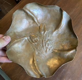 Antique Arts & Crafts Era Copper Bowl W/ Impressed Floral Tulip Design