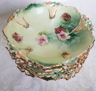 Antique R.  S.  Prussia Berry Bowls Set Of 5 Roses,  Green & Gold Ornate Gorgeous
