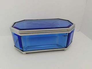 Vintage Antique Victorian Blue Glass Mirror Jewelry Display Case Box