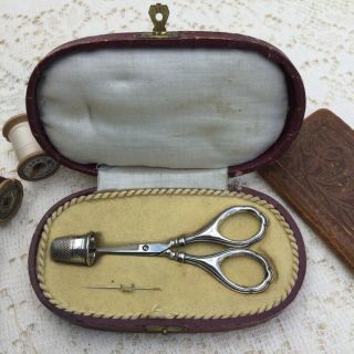 Antique Cased Sterling Silver Sewing Set,  Scissors,  Thimble,  Needle Case & More
