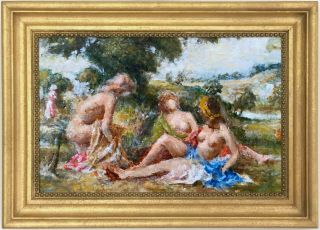Bathers In A Landscape Antique Oil Painting Early 20th Century English School