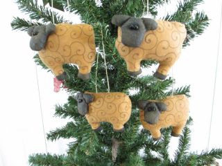Primitive Handcrafted Sheep Ornies Bowl Fillers Christmas Tree Ornaments Set/4