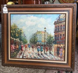 Signed Burnett Vintage Oil Painting Canvas Paris Street Framed Art