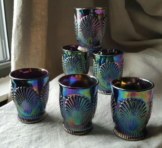 Set 6 Antique Dugan Carnival Glass Beaded Shell Tumblers Amethyst Purple Peacock
