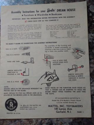 Vintage 1962 Assembly Instructions Mattel Barbie Dream House Accessory.