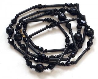 Antique Gothic Style Jet Black Glass Beaded & Plastic Oblong Beaded Necklace