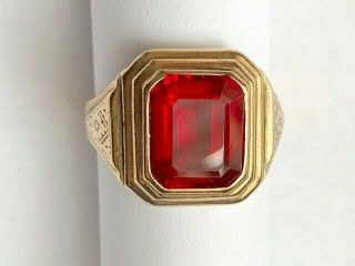 Antique Engraved Men ' s Large Ruby Red Stone 10K Yellow Gold Ring 2