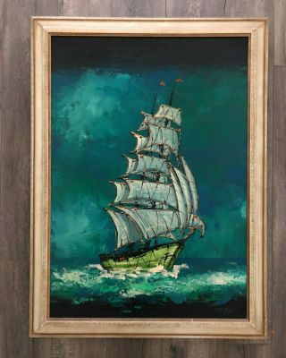 Vintage Mid - Century Oil Painting On Board Of A Ship At Sea Signed By Artist