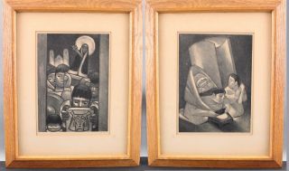 2 Antique Pencil Signed Jean Charlot,  Mexican Lithographs,  Tortilleras & Chalma