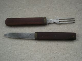 Antique 19/20th Century Campaign Knife And Fork Set - Steel,  Wood & Brass