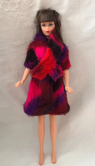 Vintage Barbie Doll Clone Mod Hot Pink Purple Funky Fleece Faux Fur Coat Scarf