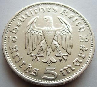 (943) Antique Wwii German 3rd Reich 1935 J 5 Reichsmark Silver Coin