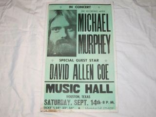 Vintage 1970 Michael Martin Murphey David Allen Coe Concert Poster Houston Texas