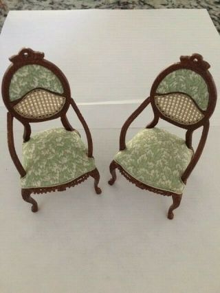 Dollhouse Miniature Two Hansson Oval Woven Back Arm Chairs W/green Floral Fabric