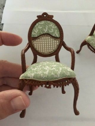 DOLLHOUSE MINIATURE Two HANSSON Oval woven back arm chairs w/Green Floral Fabric 2