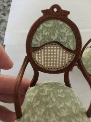 DOLLHOUSE MINIATURE Two HANSSON Oval woven back arm chairs w/Green Floral Fabric 4