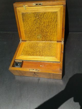 Antique Victorian Inlaid Wood Writing Slope Box Secretary Lap Desk W Inkwell Key 4