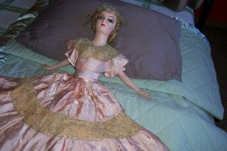 Antique 1920s Composition & Cloth Boudoir Doll - Pink Satin & Antique Lace Dress
