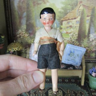 Antique 30s 40s German Dollhouse Hertwig Boy Doll Bisque Jointed Clothing Child