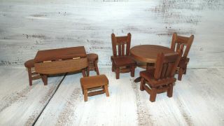 Vintage Wood Dollhouse Furniture 2 Dining Room Tables,  3 Chairs,  2 Stools