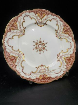 Antique Alfred Meakin Red Pink Cambridge Gold Scalloped Edge Floral Scroll Plate