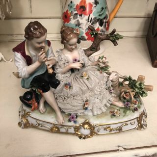 Dresden Unterweissbach Antique Courting Pair Large Porcelain Lace Figurine