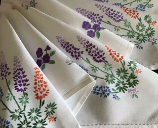 Lovely Vintage Linen Hand Embroidered Table Cloth Lupins/pansies