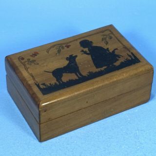 Swiss Black Forest Wood Carving Trinket Box Girl Dog Butterfly Riding Hood C1920