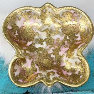 Antique Nippon Hand Painted Porcelain Moriage Gold Gilt Pink Yellow Floral Bowl