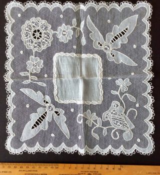 Antique Irish Tambour Lace Wedding Handkerchief C1880