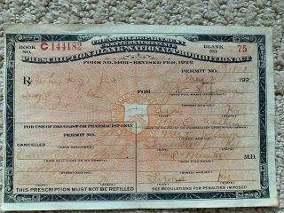 1925 Prohibition Pharmacy Prescription For Whiskey Collectible Medical Paper