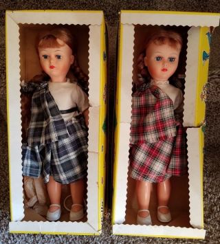2 Vintage Poupee Bella Dolls Sleepy Eyes Made In France Scottish Girls Tartan
