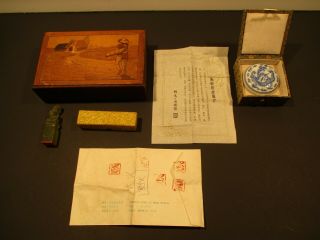 Vintage Chinese Stamp Seal Set W/porcelain Wax Pot And Box -