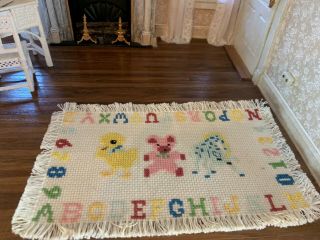 1980s Miniature Dollhouse Artisan Embroidered Cross Stitch Rug Alphabet Numbers