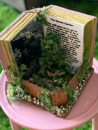 Vintage Miniature Dollhouse Artisan Secret Garden Diorama Book Trees Brick Wall