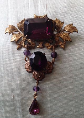Gorgeous Antique/vintage Amethyst Stones Set In Soldered Brass To Make A Brooch.