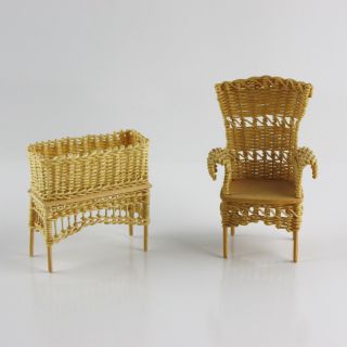 1980s Wicker Chair & Planter Stand Dollhouse Miniature Furniture Artisan Signed