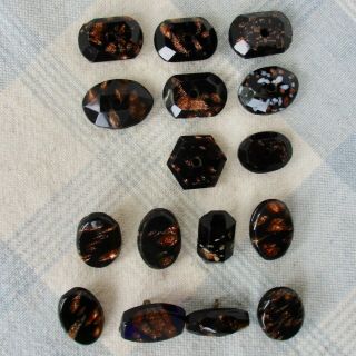 Assortment Of 16 Antique Black Glass Buttons W Goldstone