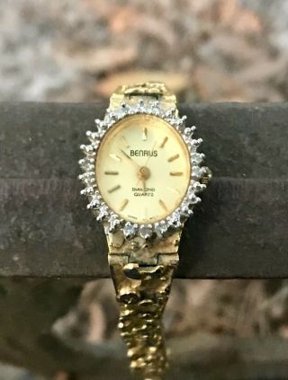 Vintage Benrus Watch 10 Diamond Lady’s Gold Nugget Band 70’s - 80’s Needs Battery