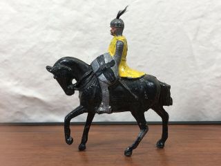 Vintage Antique Die - Cast Metal Mid Evil Yellow Knight On Horseback Toy Figurine