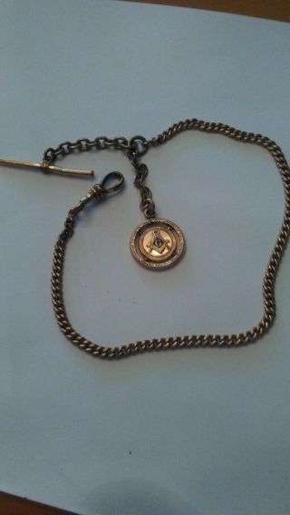 Antique Victorian Gf Enameled 2 Sided Mason Pocket Watch Fob With Gf Chain