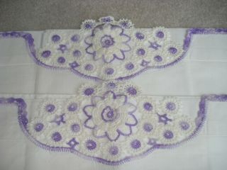 Vintage Irish Linen Pillow Cases Crochet Trim Ivory Lilac Osman
