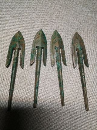 Chinese Bronze Weapon Arrowheads Sharp Blade Four Bronze Arrowheads Bird Vein