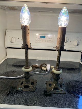 2 Bedroom Boudoir Cast Iron Lamps W/ Jadeite Inserts - 12.  75”x4” - Thumb Switch