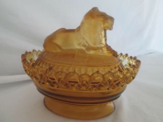 Antique Amber Glass Lion Candy Dish 2pc.  Aug.  6 1889 Pat.