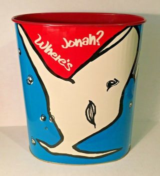 Vintage Jl Clark Mcm Oval Metal Trash Can Waste Basket Wheres Jonah Whale 1960s